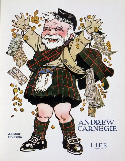 Karikatuurportret van Andrew Carnegie in geruite pak en geld gooiend - door Albert Levering (1869-1929), in 