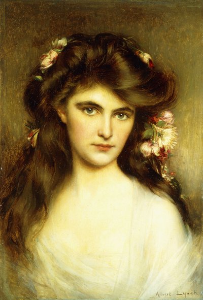 Een jonge schoonheid met bloemen in haar haar door Albert Lynch