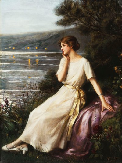 Portret van een vrouw bij een meer door Albert Lynch