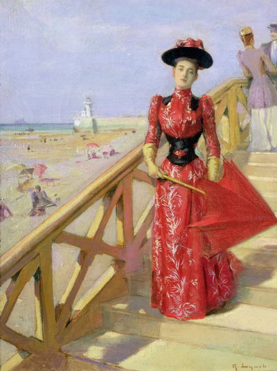 Vrouw die de Trap afloopt naar een Strand door Albert Lynch