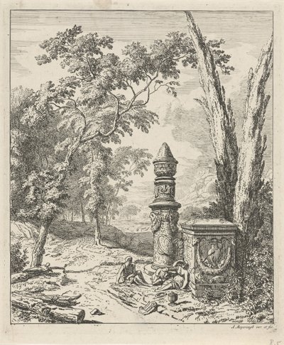 Landschap met rustende figuren bij een grafmonument door Albert Meyering