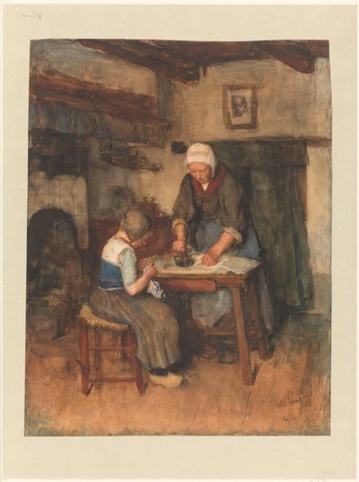 Interieur met strijkende vrouw en naaiend kind door Albert  Neuhuys