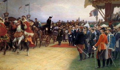 President Emile Loubet (1836-1929) verwelkomt Tsaar Nicolaas II (1868-1918) en Keizerin Alexandra op 21/09/1901 in Betheny Camp door Albert Pierre Dawant