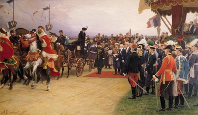 President Emile Loubet (1838-1929) Verwelkomt Tsaar Nicolaas II (1868-1917) en Tsarina Alexandra (1872-1918) in het Kamp bij Betheny, 21 september 1901, r.1905 door Albert Pierre Dawant