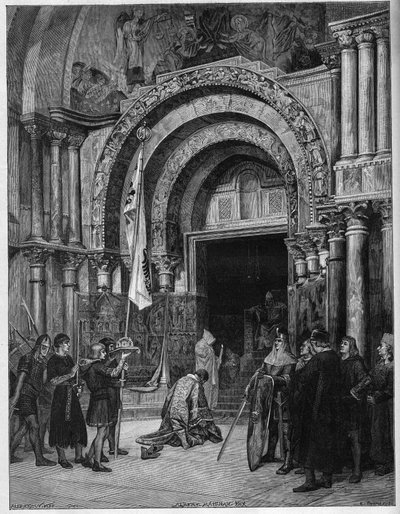 Frederik Barbarossa aan de voeten van de paus. Keizer Frederik I van Hohenstaufen (1122-1190) buigt voor paus Alexander III (1105-1181) die hem onder de poort van San Marco in Venetië in 1177 opwacht. Gravure naar een schilderij van Albert Maignan door Albert Pierre René (after) Maignan