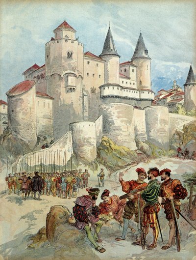 Een gevangene, Frans I (1494-1547) opgesloten in een toren van het Alcazar in Madrid (Spanje) tot 1526 door Albert Robida