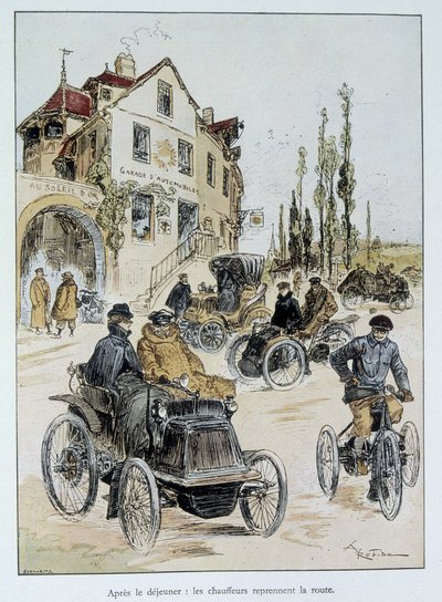Na het ontbijt gaan chauffeurs weer de weg op: het begin van het motortransport door Robida door Albert Robida