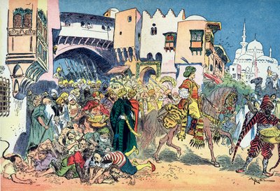 Aladdin rijdt door de straten van de stad en gooit geld om zich heen door Albert Robida