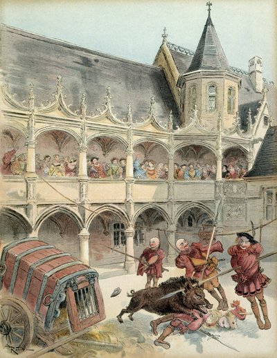Het everzwijn van Amboise. Tijdens de festiviteiten na de toekomst van koning Frans I (1494-1547) in 1515, brak een los everzwijn in de binnenplaats van het kasteel van Amboise een barricade en klom de trap op naar de verdieping. De koning doodde hem met e door Albert Robida
