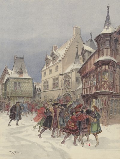 Sneeuwballengevecht in Romorantin, de koning gewond bij de bestorming van het huis van Saint-Pol door Albert Robida