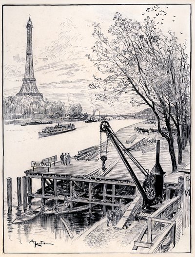 Begin van de bouwwerkzaamheden aan de architectonische reconstructie van middeleeuws Oud Parijs, aan de oevers van de Seine, voor de Wereldtentoonstelling van 1900 door Albert Robida