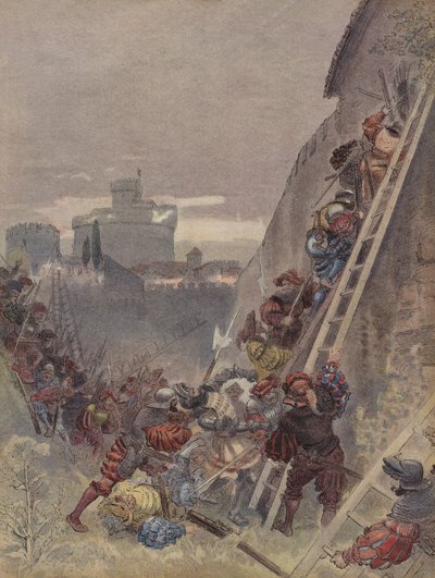 Bourbon wordt gedood bij de bestorming van Rome, op 6 mei 1527 door Albert Robida