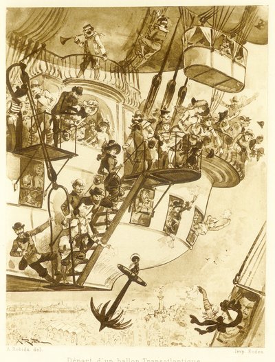Vertrek van een trans-Atlantische ballon, uit Le Vingtieme Siecle, pub. 1883 door Albert Robida