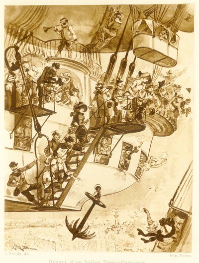 Départ d’un ballon transatlantique, uit Le Vingtieme Siecle, pub. 1883 lithografie, 1883 door Albert Robida