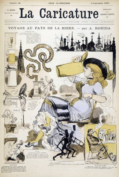 Bewerking met vrouw die een bierpul drinkt door Robida - couv. in La caricature van 4/9/1880 door Albert Robida