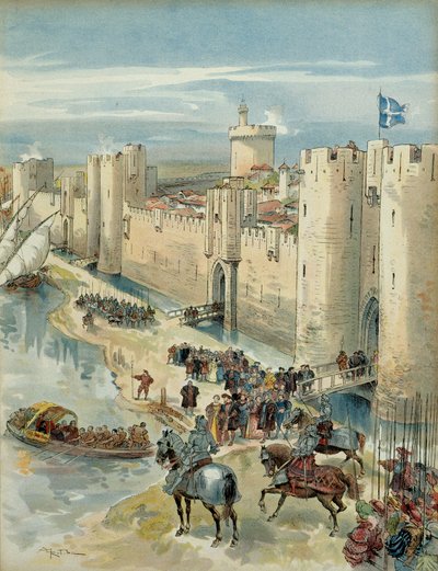 Achtste Italiaanse Oorlog (1536-1538): ontmoeting van Aigues Mortes (of wapenstilstand van Aigues Mortes) op 14 juli 1538, ontmoeting tussen Frans I (1494-1547), koning van Frankrijk en Karel V (1500-1558), koning van Spanje en keizer van het Heilige Rooms door Albert Robida