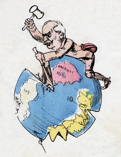 Ferdinand de Lesseps (1805-1894), Franse diplomaat en bestuurder, beeldhouwer en decorateur van continenten. Karikatuur van Robida. door Albert Robida