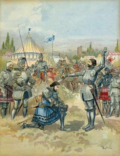 Vijfde Italiaanse Oorlog (1515-1516): Pierre Terrail de Bayard (1476-1524) wapenrusting Francois I (1494-1547) ridder na de slag bij Marignan (Maregnano) (Italië), op de avond van 14 september 1515 door Albert Robida