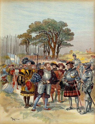 Vijfde Italiaanse Oorlog (1515-1516): in het kamp teruggetrokken van de Bicocca (bicoque) voor Milaan (Italië), in 1516, eisten de Zwitsers betaling, verlof of strijd, Odet de Foix, burggraaf van Lautrec, maarschalk van Frankrijk (1485-1528) kon hen niet b door Albert Robida