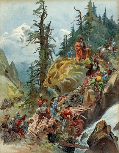 Vijfde Italiaanse Oorlog (1515-1516): de oversteek van de Alpen in augustus 1515, via de Larche-pas, van het leger van Frans I (1494-1547), op weg naar Italië. Illustratie door Albert Robida