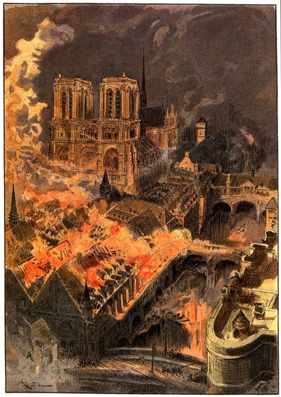 Brand in het Hotel-Dieu, nabij Notre-Dame de Paris, in de nacht van 29-30 december door Albert Robida