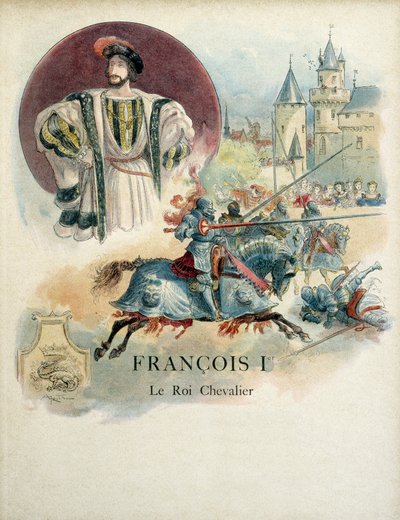 Francois I (1494-1547), portret van de koning van Frankrijk en toernooiscène. Illustratie door Albert Robida (1848 - 1926) door Albert Robida