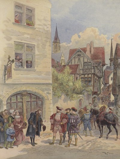 Frans I wordt ontvangen door Estienne bij de deur van zijn drukkerij, aan het uithangbord van de Olijfboom, rue Saint-Jean-de-Beauvais, Parijs door Albert Robida