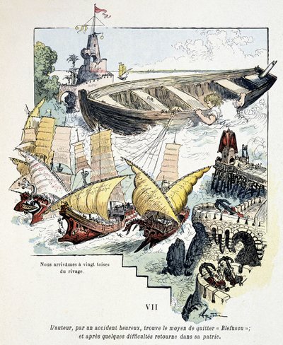 Gulliver en zijn gigantische boot in de haven van de Lilliputters - in 