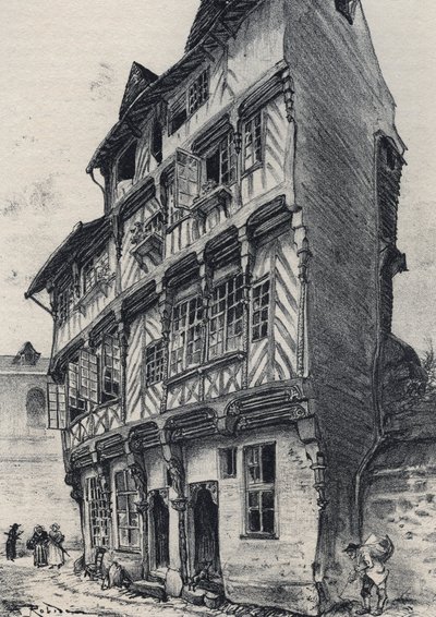 Huis rue Saint Guillaume in Rennes - Oud Frankrijk - Bretagne - tekst, tekeningen en lithografieën, door Albert Robida (1848-1926) ongedateerd eind 19e eeuw door Albert Robida