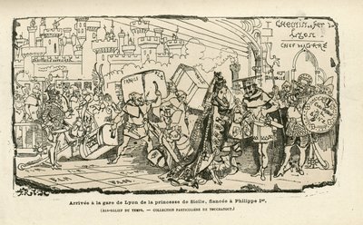 Illustratie van Albert Robida (1848-1926) in Histoire de France tintamarresque, ca. 1880 - Gare, Ancien regime, Sicilië - Philippe I door Albert Robida