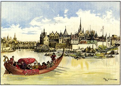 Koning Henri III in een boot die de eerste steen legt van de Pont Neuf over de Seine in Parijs, 31 mei door Albert Robida