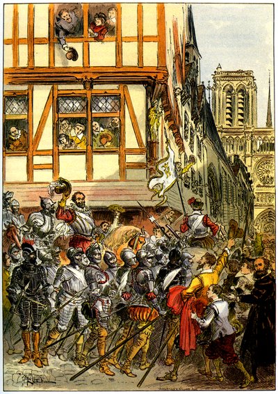 Koning Hendrik IV van Frankrijk toegejuicht door de menigte bij aankomst in de Notre-Dame na de overgave van Parijs op 22 maart door Albert Robida