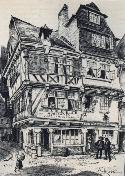 La venelle aux pastes in Morlaix - La vieille France - La Bretagne - tekst, tekeningen en lithografieën, door Albert Robida (1848-1926) ongedateerd eind 19e eeuw door Albert Robida