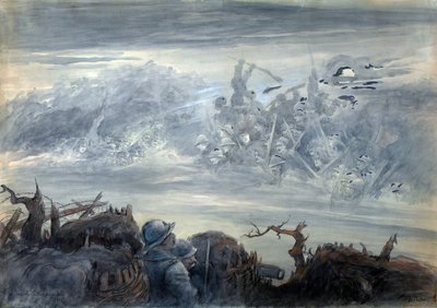 Le combat des ombres: poilus dans une tranchee verbeelding van een aanval door spookachtige soldaten door Albert Robida