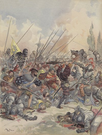 De koning in Pavia, valt van zijn paard, gewond, vecht tegen de menigte aanvallers die hem omringen (kleur litho) door Albert Robida