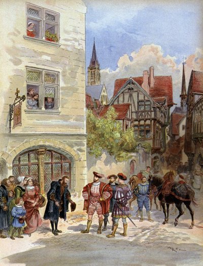 Literatuur. De drukker Robert Estienne ontvangt koning Frans I in zijn drukkerij, Parijs. Illustratie van A. Robida in: Frans I, van A. Toudouze, Frankrijk door Albert Robida