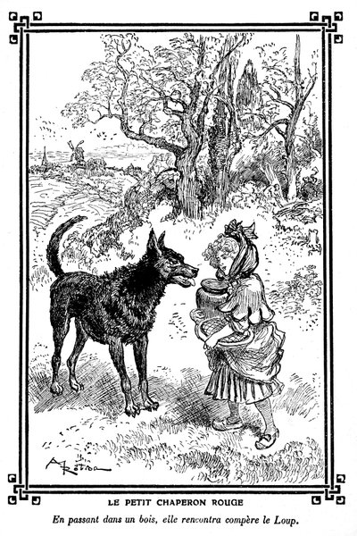 Roodkapje, met haar cake en boterpot, ontmoet de Wolf. Tekening door Albert Robida in een kinderleesboek 1920-1930 door Albert Robida
