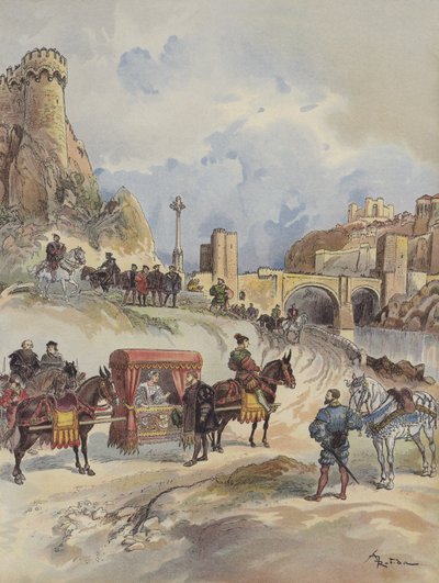 Marguerite van Frankrijk, op bezoek bij haar broer, wordt ontvangen op de Pont de Toledo door Karel V door Albert Robida