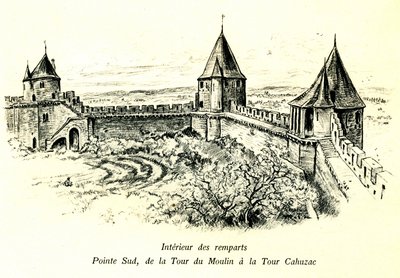 Middeleeuwse stad Carcassonne (Aude, Languedoc, Pays Cathare) - Interieur van de vestingmuren, zuidpunt, van de toren van de Molen tot de toren Cahuzac - locatie van het openluchttheater - romantische gravure door Albert Robida (1848-1926) in een boek gepu door Albert Robida