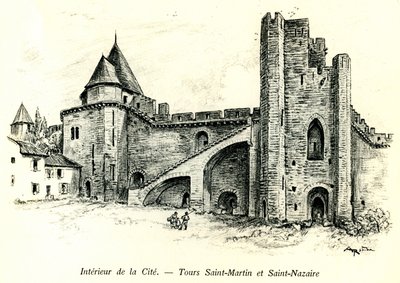 Middeleeuwse stad Carcassonne (Aude, Languedoc, Pays Cathare) - Torens Saint Martin en Saint Nazaire met huizen gebouwd tegen de vestingmuren - romantische gravure door Albert Robida (1848-1926) in een boek gepubliceerd aan het begin van de 20e eeuw door Albert Robida