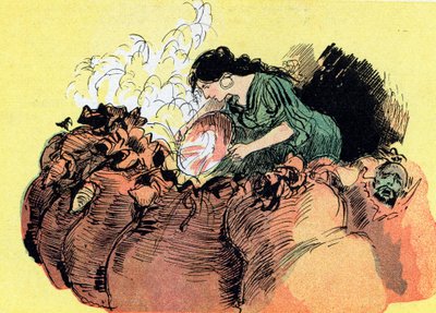 Morgiana doodt 37 dieven verborgen in potten (tekening) door Albert Robida
