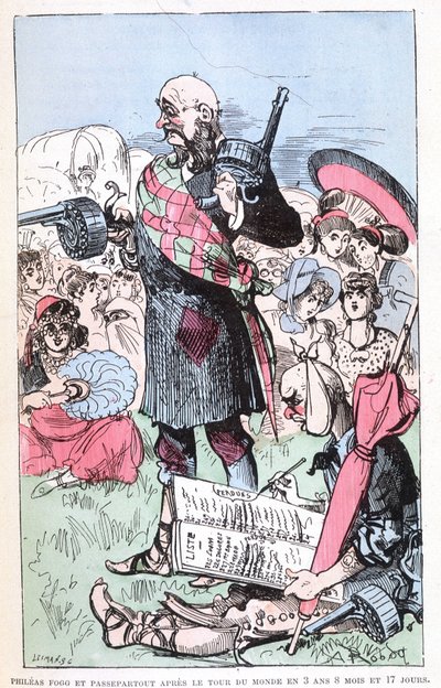 Phileas Fogg en Passepartout na de wereldreis in 3 jaar 8 maanden en 17 dagen, parodie op Jules Verne, 