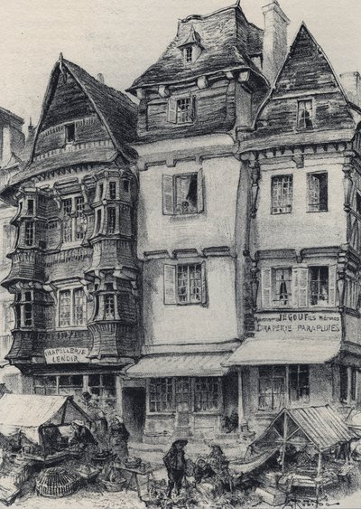 Place du marché in Lannion - La vieille France - La Bretagne - tekst, tekeningen en lithografieën, door Albert Robida (1848-1926) ongedateerd eind 19e eeuw door Albert Robida