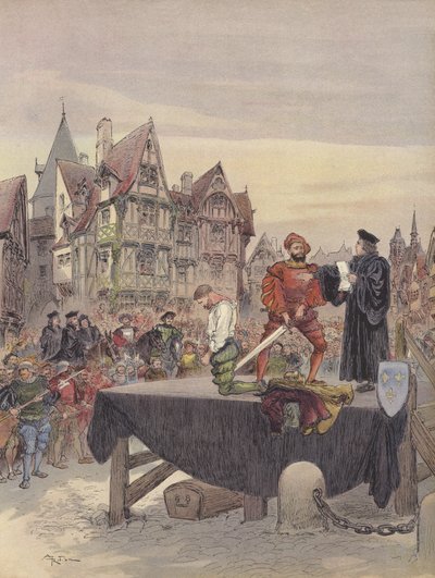 Saint Vallier wordt gratie verleend op het schavot door Albert Robida