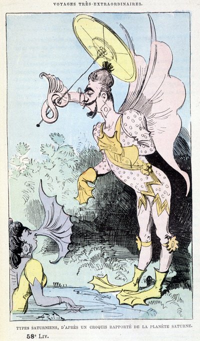 Saturnische typen van een gerapporteerde schets van de planeet Saturnus (pseudo-antropologische groteske monsters), parodie van Jules Verne, 