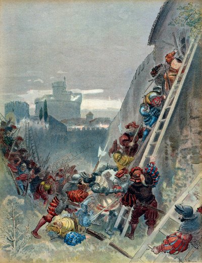 Zevende Italiaanse Oorlog (1526-1529): Dood van Karel III van Bourbon (1490-1527) tijdens het beleg van Rome op 6 mei 1527 door Albert Robida