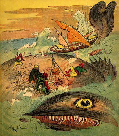Sindbad de zeeman - verhaal van de duizend-en-een-nachten - boek uit 1948 die zijn avonturen vertelt (Fortin editie, collectie Wonderlijke Beelden van de Kindertijd) - illustratie door Albert Robida (1848 - 1926): Sindbad en zijn metgezellen zijn mislukt door Albert Robida
