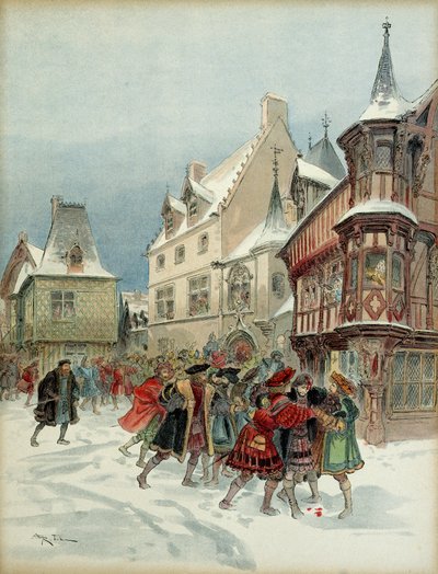 Sneeuwballengevecht in Romorantin (Frankrijk). Koning Francois I (1494-1547) gewond tijdens de aanval op de residentie van Saint Pol op 6 januari door Albert Robida