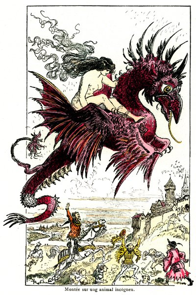Succubus: vrouwelijke demon rijdend op een draak - illustratie door Albert Robida voor de Drolatic Tales door Honoré de Balzac - begin 20e eeuw door Albert Robida