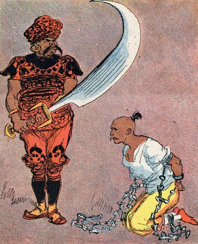Sultan beveelt om Aladdins hoofd af te hakken. Illustratie door Albert Robida (1848-1926) voor het verhaal 